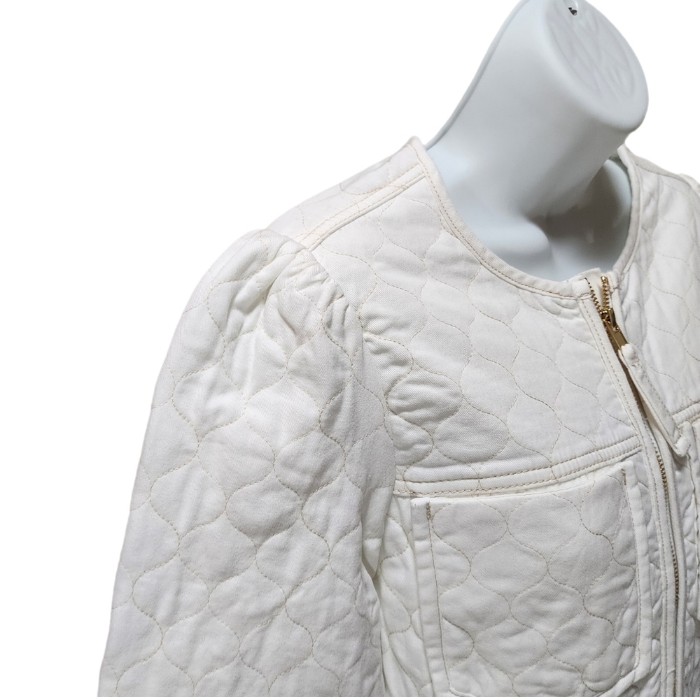 Democracy Quilted Denim Jacket Puff Long Sleeve Peplum Hem In Optic White Size S - Picture 10 of 12